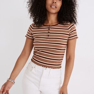 MADEWELL Super crop Henley in Striped Brown and White Women's Top